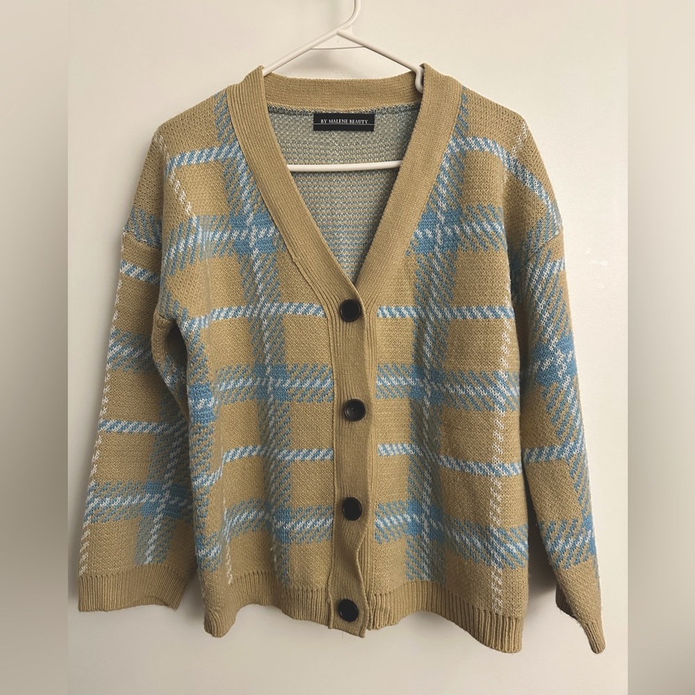 Beige and Sky Blue Plaid Check Knit Cardigan Sweater